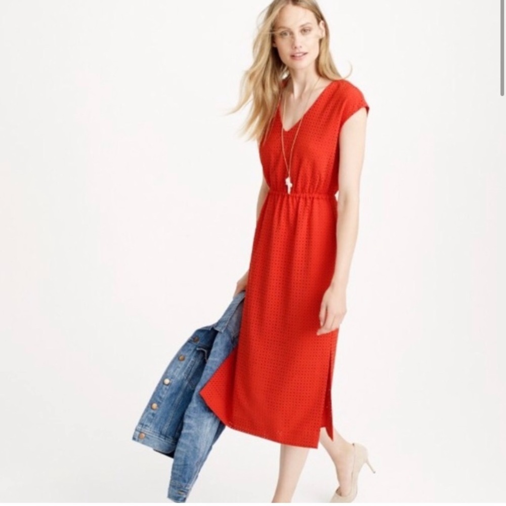 J. Crew Red laser-cut dress V Neck Midi Size 8